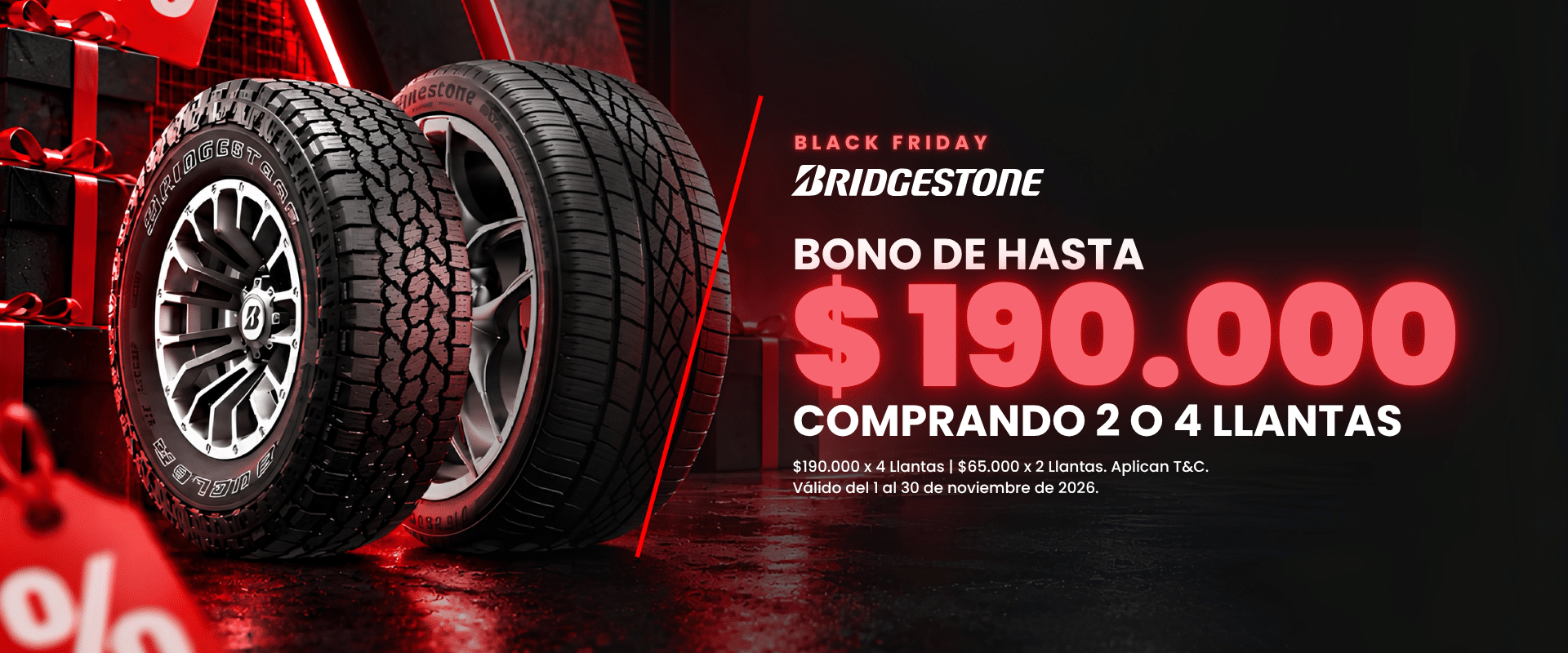 Banner promocional Black Friday Bridgestone en Autolla - Bonos de hasta $190.000 en llantas