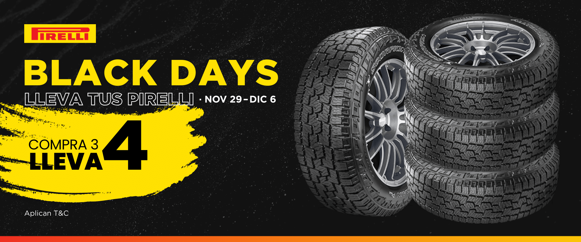 Promoción llantas Pirelli paga 3 y lleva 4